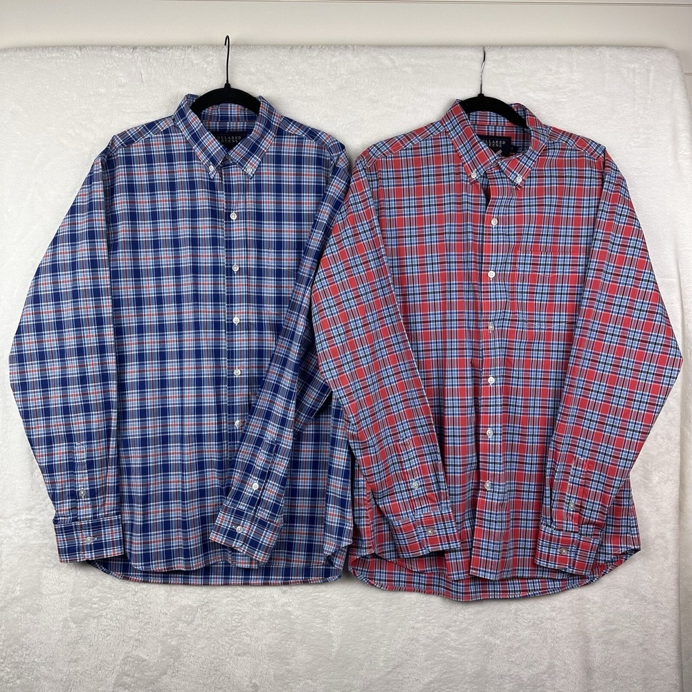 2 Collared Greens Shirts Mens L The Groove Button Down Red Blue Plaid‎